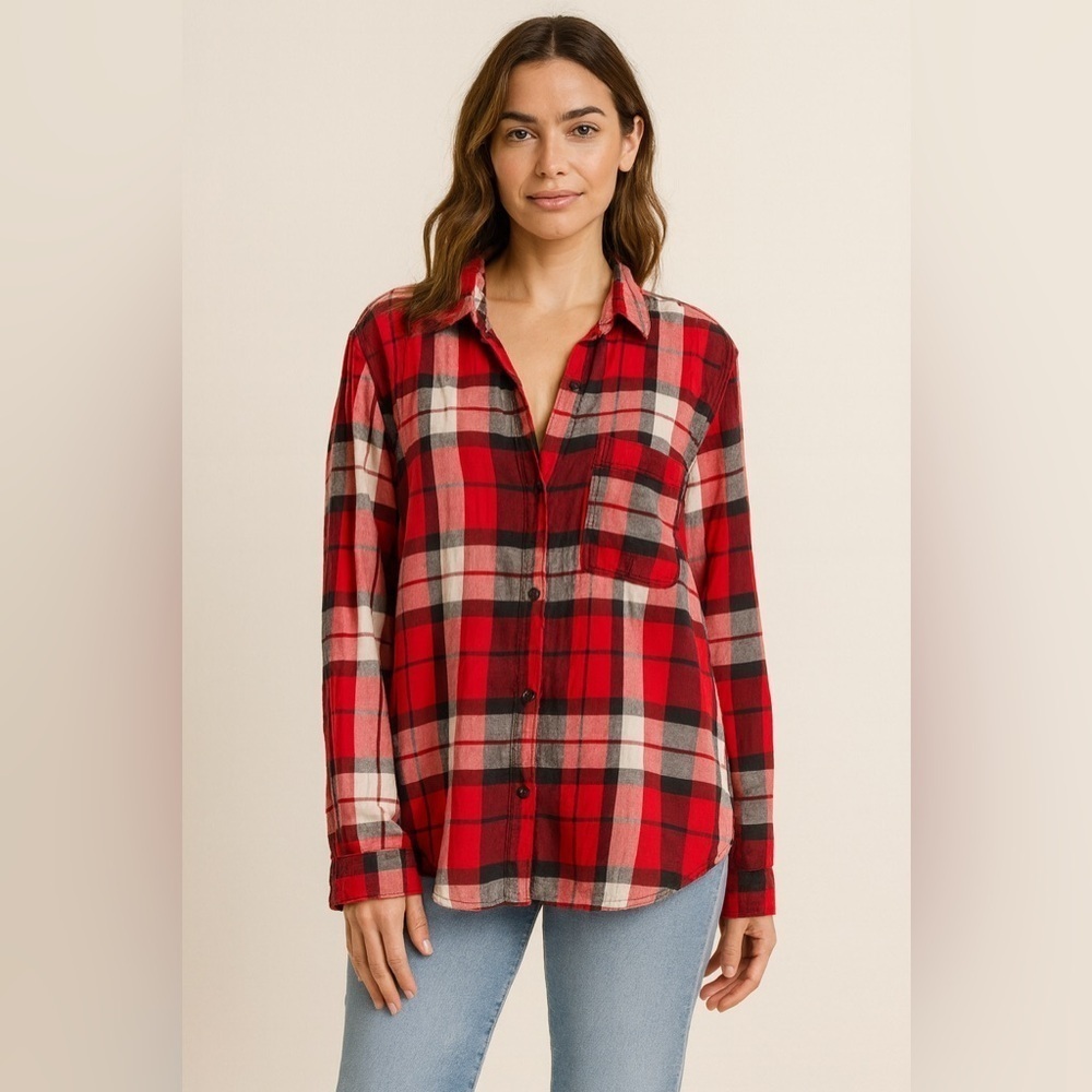PINK Victoria’s Secret Women’s Plaid Pajama Top L Red Button Up Flannel Lounge